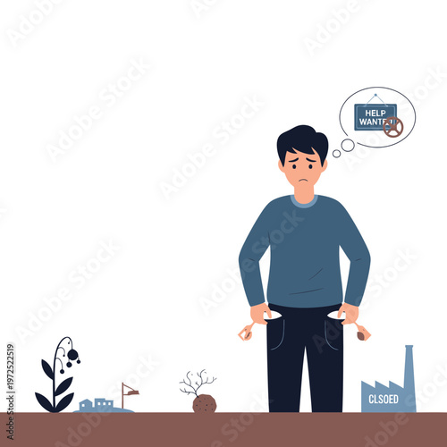 Man with empty pockets seeking work amid economic downturn