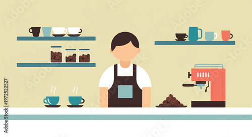 Barista standing behind counter in cafe with espresso machine and coffee cups with an espresso machine, coffee cups, and jars of coffee beans are visible