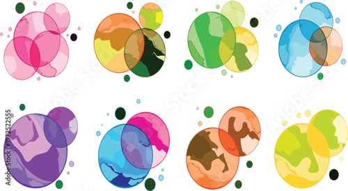 Abstract Colorful Watercolor Bubble Vector Icon Set Featuring Overlapping Transparent Circles and Vibrant Fluid Spheres for Modern Brand Identity, Infographic Design, and Creative Artistic Backgrounds