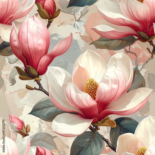 Soft pink & white magnolia flowers blossom amidst muted beige & grey. Nature-inspired, gentle, botanical pattern