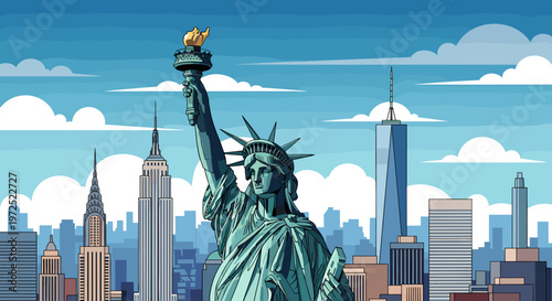 Iconic view of the Statue of Liberty with the New York City skyline, featuring famous skyscrapers like the Empire State Building and One World Trade Center under a clear blue sky.