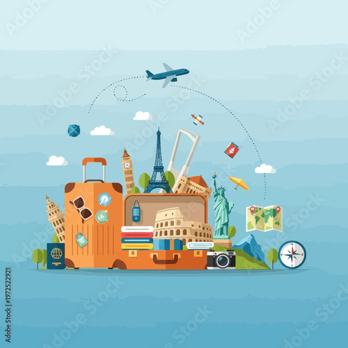 Open Suitcase Filled with World Landmarks and Travel Icons