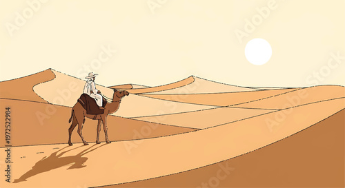 Person riding camel across sand dunes in a desert landscape