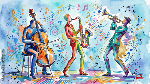 Abstract Watercolor Jazz Band Illustration with Colorful Musical Vibes