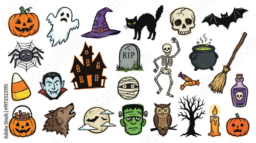 Halloween icons and symbols collection for spooky holiday celebration and scary party design elements