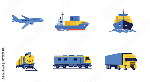 A collection of six flat vector icons depicts various modes of global transportation including cargo ships airplanes trains and trucks in a simple blue motif.