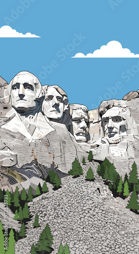 Iconic Mount Rushmore National Memorial featuring the carved faces of four U.S. Presidents against a bright blue sky with scattered clouds and a foreground of pine trees and a rocky slope.