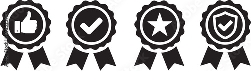 Four black badges displaying positive symbols thumbs up check star and shield