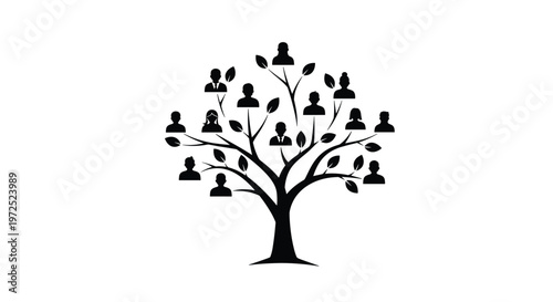 A stark black silhouette of a branching tree features numerous human head icons as leaves to represent a corporate hierarchy or family tree in a minimalist style.