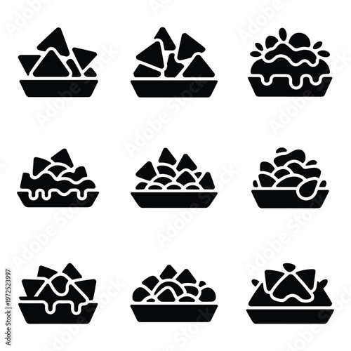 Collection of nine isolated icon graphics representing nachos and dips