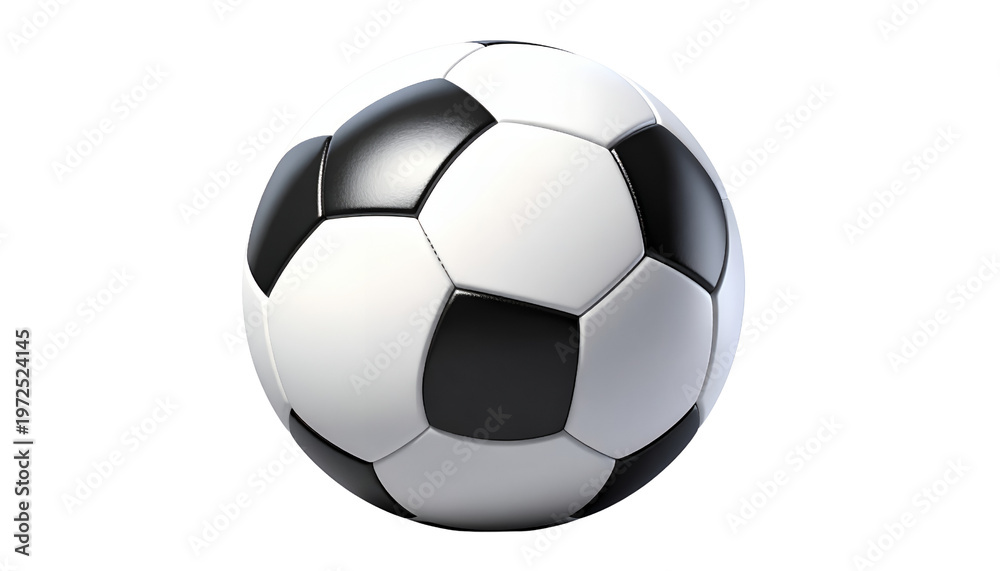 Fototapeta premium Un pallone da calcio classico bianco e nero, leggermente schiacciato, isolato su sfondo bianco, simbolo di gioco e competizione.
