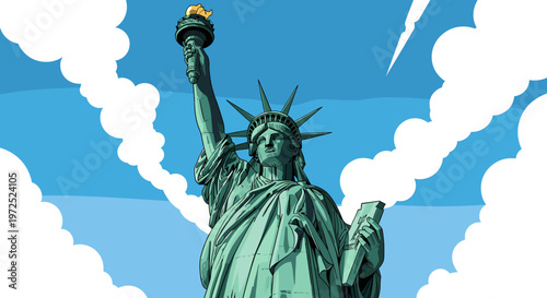 Quadro em tela The Statue of Liberty, a colossal neoclassical sculpture on Liberty Island in New York Harbor, stands tall against a backdrop of blue sky and white clouds, holding her torch aloft