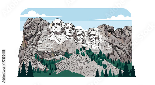 Mount Rushmore National Memorial, a colossal sculpture carved into the granite face of Mount Rushmore in the Black Hills of South Dakota, USA.