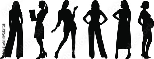 Women silhouettes set, diverse female characters collection including business lady and pregnant woman design