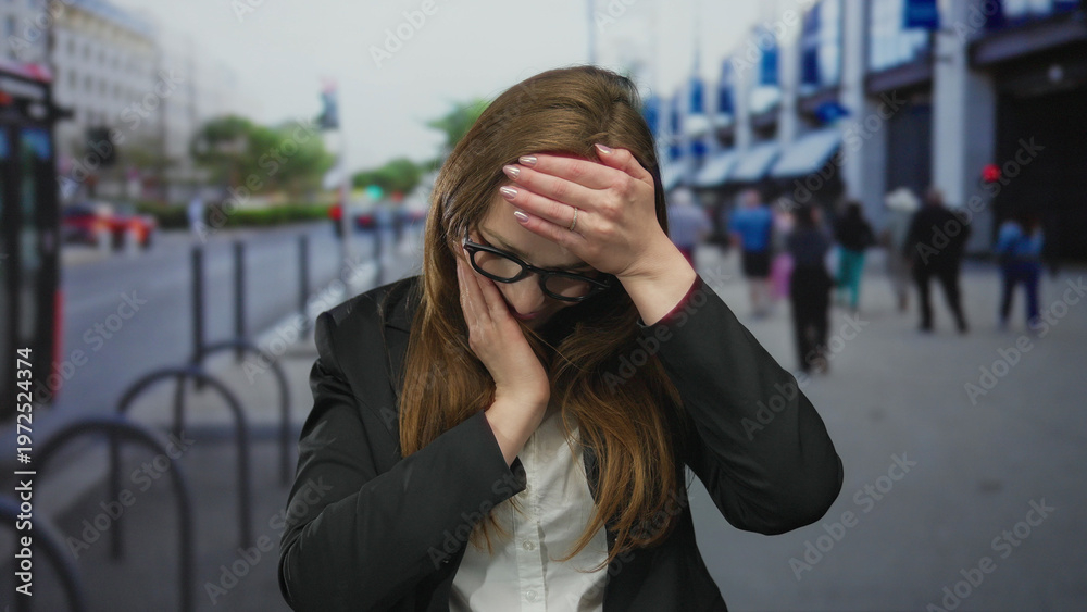 Fototapeta premium Young caucasian woman with long brown hair and glasses wearing black blazer holds hand to forehead on city street; surprise.