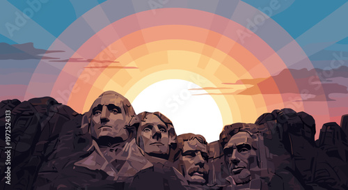 Majestic sunrise illuminates the iconic Mount Rushmore National Memorial, showcasing the sculpted faces of four U.S. presidents against a vibrant sky.