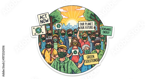 Diverse group of people protesting for environmental awareness and green issues