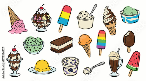 Assortment of delicious ice cream treats including cones, sundaes, popsicles, and ice cream sandwiches, perfect for summer advertising and food blogs