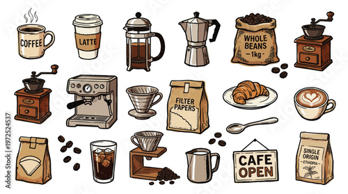 Collection of coffee making equipment and beverages for cafe or home brewing enthusiasts