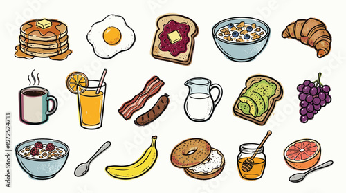 Healthy Breakfast Assortment Flat Lay Overhead View Featuring Pancakes Coffee Orange Juice Bacon Eggs Avocado Toast Cereal Croissant and Fruits