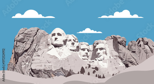 Majestic Mount Rushmore National Memorial featuring the sculpted faces of four U.S. presidents against a bright blue sky with fluffy clouds.