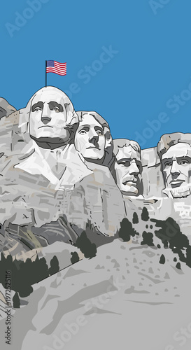 Mount Rushmore National Memorial featuring the carved faces of four U.S. presidents with an American flag flying above.