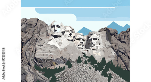 Mount Rushmore National Memorial, a colossal sculpture carved into the granite face of Mount Rushmore in the Black Hills of South Dakota, USA.