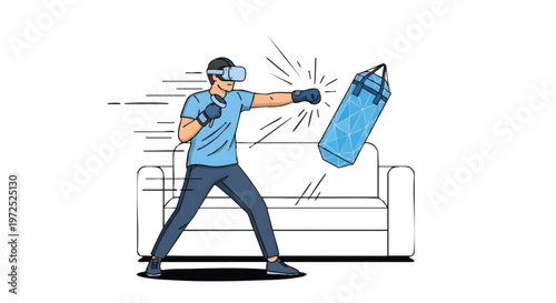 Man wearing VR headset punching blue punching bag in living room
