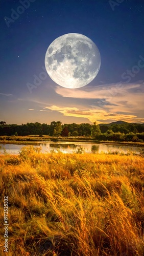 Majestic Full Moon Over Serene Lake at Dusk with Golden Grass