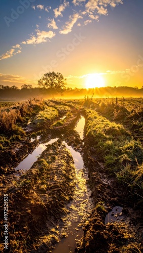 Serene Sunrise Over Rural Landscape with Muddy Path and Reflection