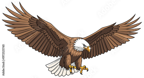 Majestic cartoon bald eagle with wings spread wide in a powerful flight pose, featuring brown feathers, white head, and sharp talons.