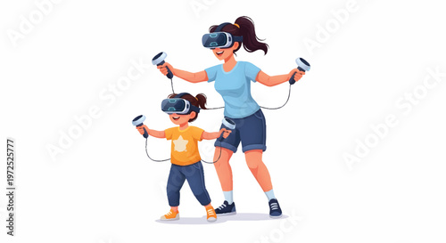 Mother and child wearing VR headsets and playing games together