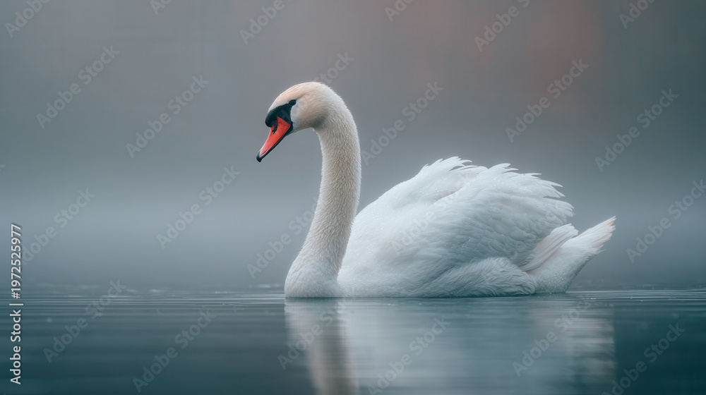 Fototapeta premium Swan swimming in calm water during morning fog with soft light