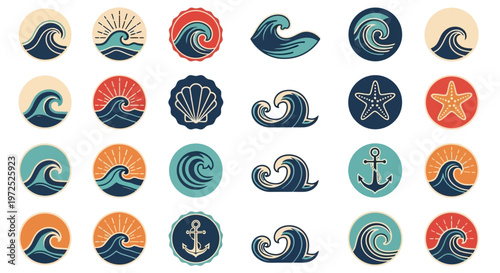 Collection of ocean themed icons and symbols.