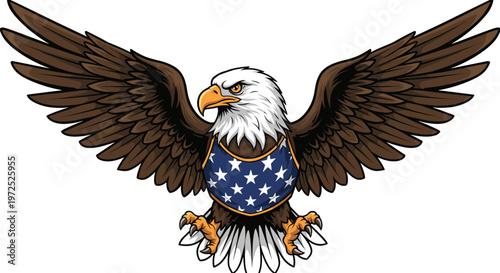 Majestic bald eagle with spread wings wearing a patriotic American flag-themed vest, symbolizing freedom and strength.