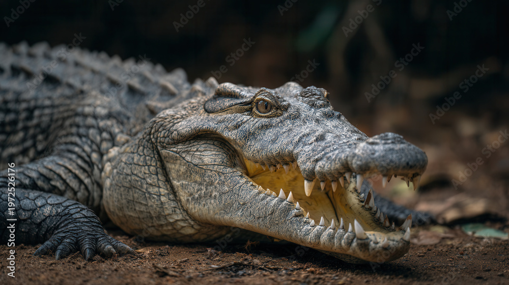 Fototapeta premium Crocodile resting on land in a forest under natural light during daytime
