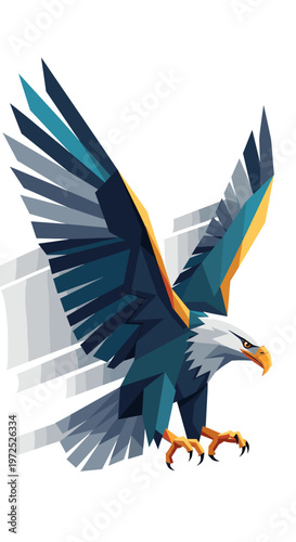 Stylized geometric eagle in flight with wings spread, rendered in blue, teal, white, and gold polygonal art style on a white background.