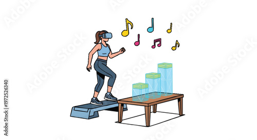 Woman wearing VR headset exercising on step platform with music notes floating