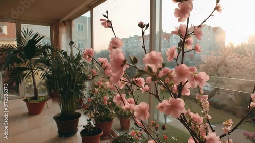 Delight in the serene beauty of pink flowers blooming in a sunlit indoor garden. This peaceful space showcases nature's splendor and vibrant greenery, creating a calm atmosphere.