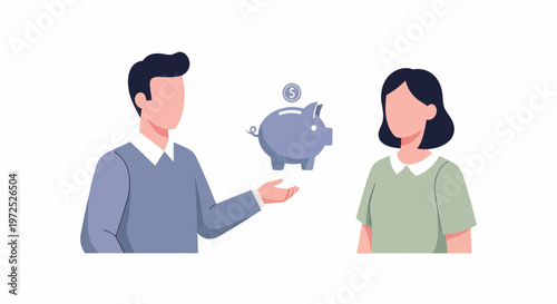 Man offering piggy bank to woman.