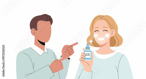 Man points at woman using teeth whitening product for bright smile.