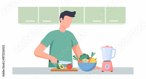 Man Preparing Healthy Meal in Kitchen with Fresh Vegetables.