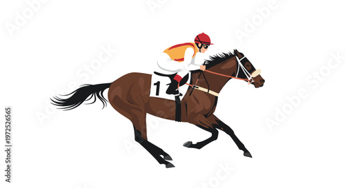 A determined professional jockey wearing vibrant yellow and red racing silks gallops a powerful dark brown thoroughbred horse across a clean white setting.