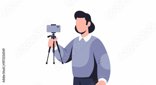 Man recording video with smartphone on tripod.