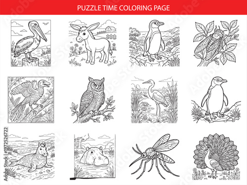 Puzzle time coloring page featuring diverse wildlife and nature elements for a challenging and fun coloring experience for kids and students