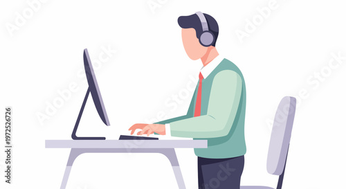 Man Working on Computer with Headphones.