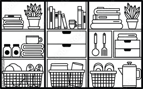 black and white line drawing of kitchen and book shelves