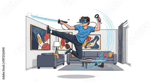 Man wearing VR headset playing game in living room with virtual reality goggles