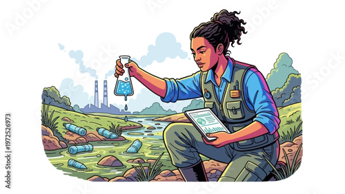 Environmental Scientist Tests Polluted Water with Flask and Tablet