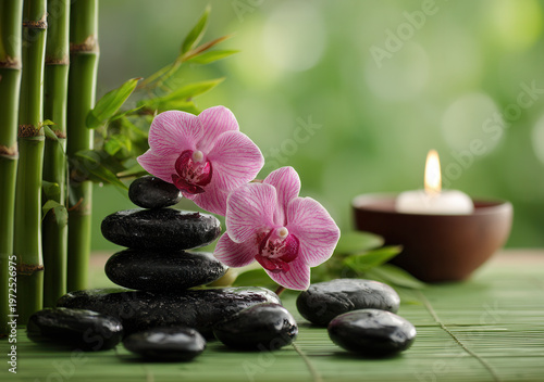 Relaxing setting with stones, flowers, and a candle in a natural environment during daylight hours
